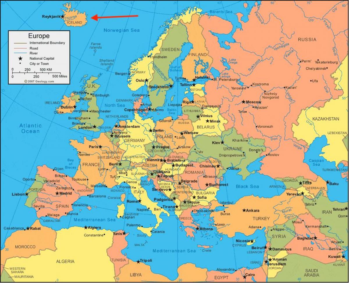 Posizione dell'Islanda sulla mappa dell'Europa settentrionale